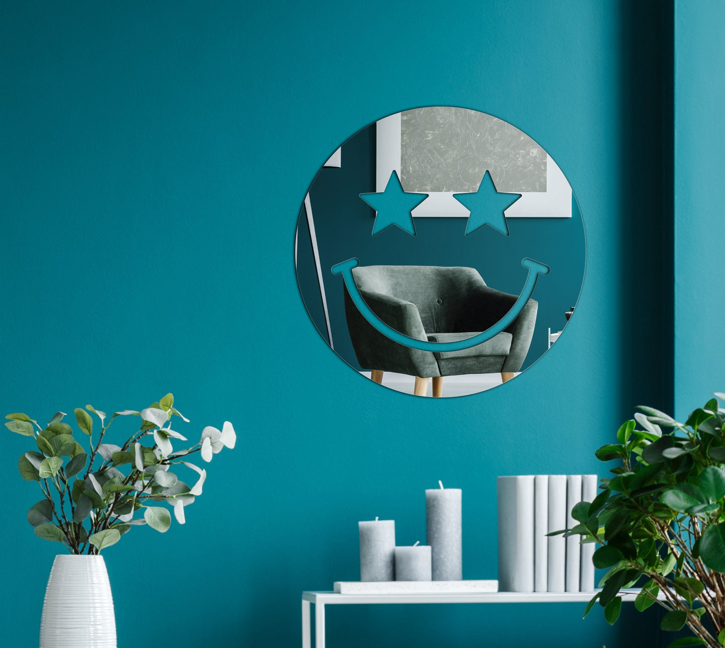 Decorative Smiley Face V4 Shaped Acrylic Mirror | Star Eyes | Many Smiley Shapes Available