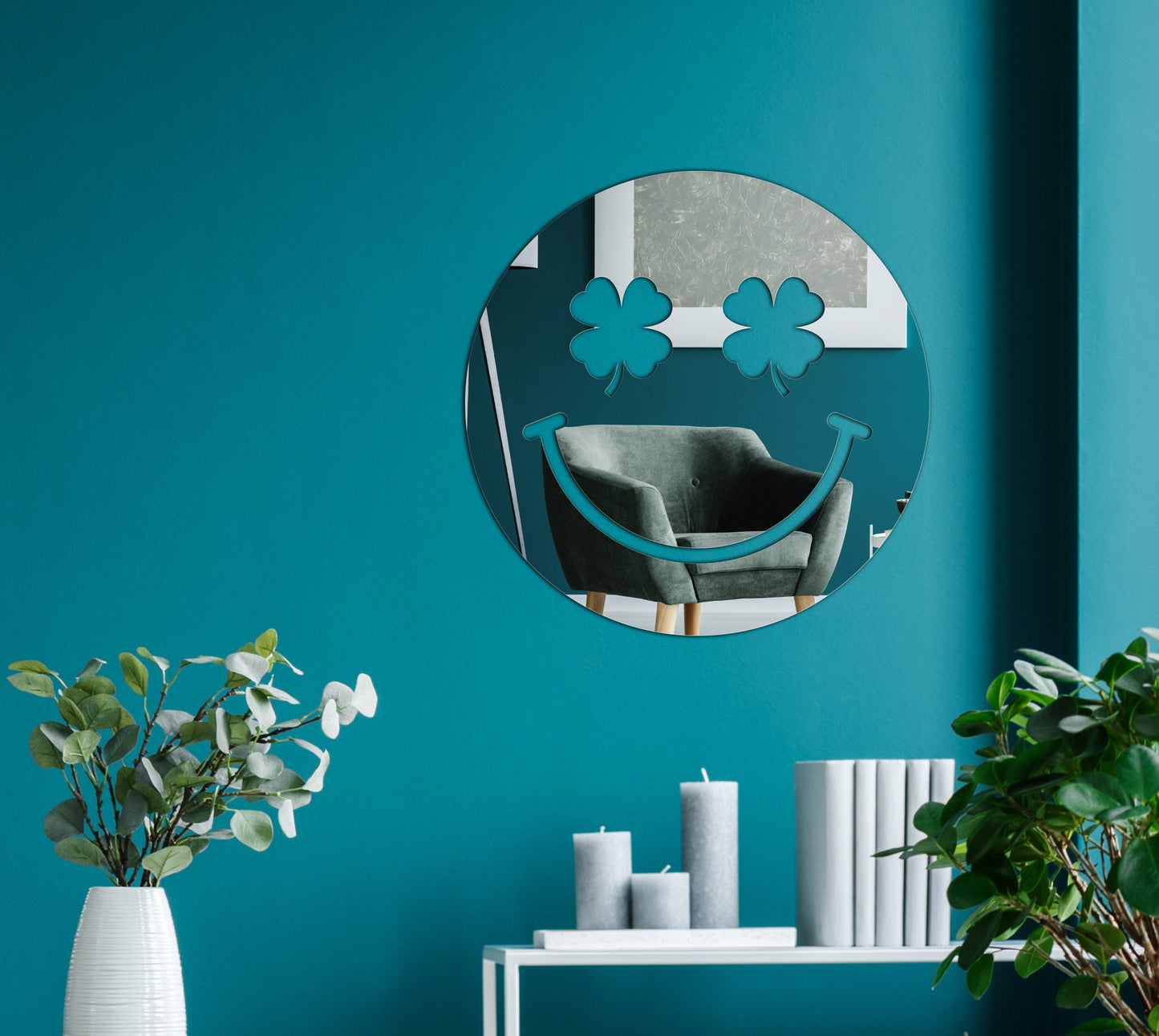 Decorative Smiley Face V6 Shaped Acrylic Mirror | Four Leaf Clover Eyes | Many Smiley Shapes Available